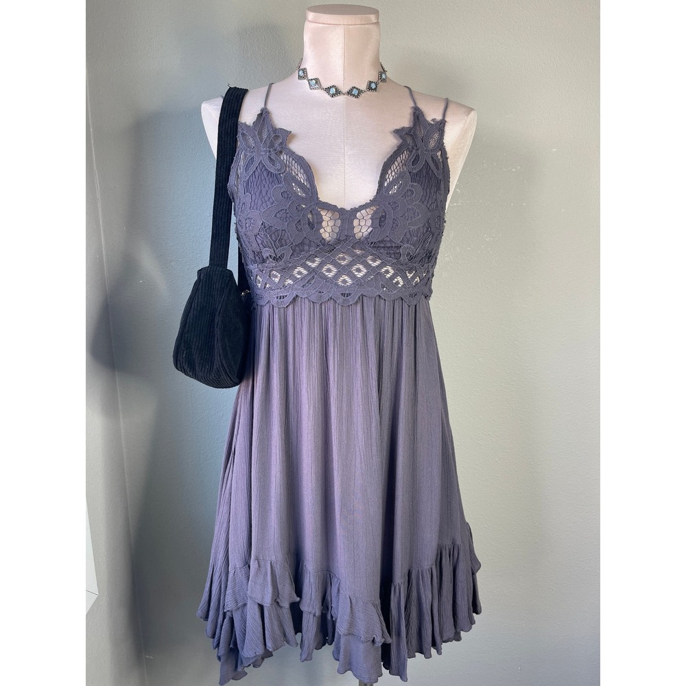 Free People Adella Dress Gray Crochet Lace Ruffle Mini Handkerchief Hem Small